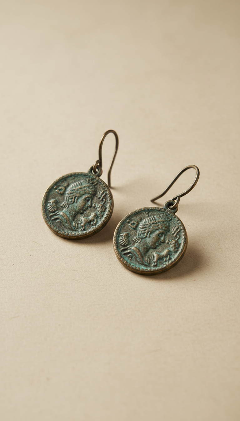 Patina bronze replica coin drop earrings