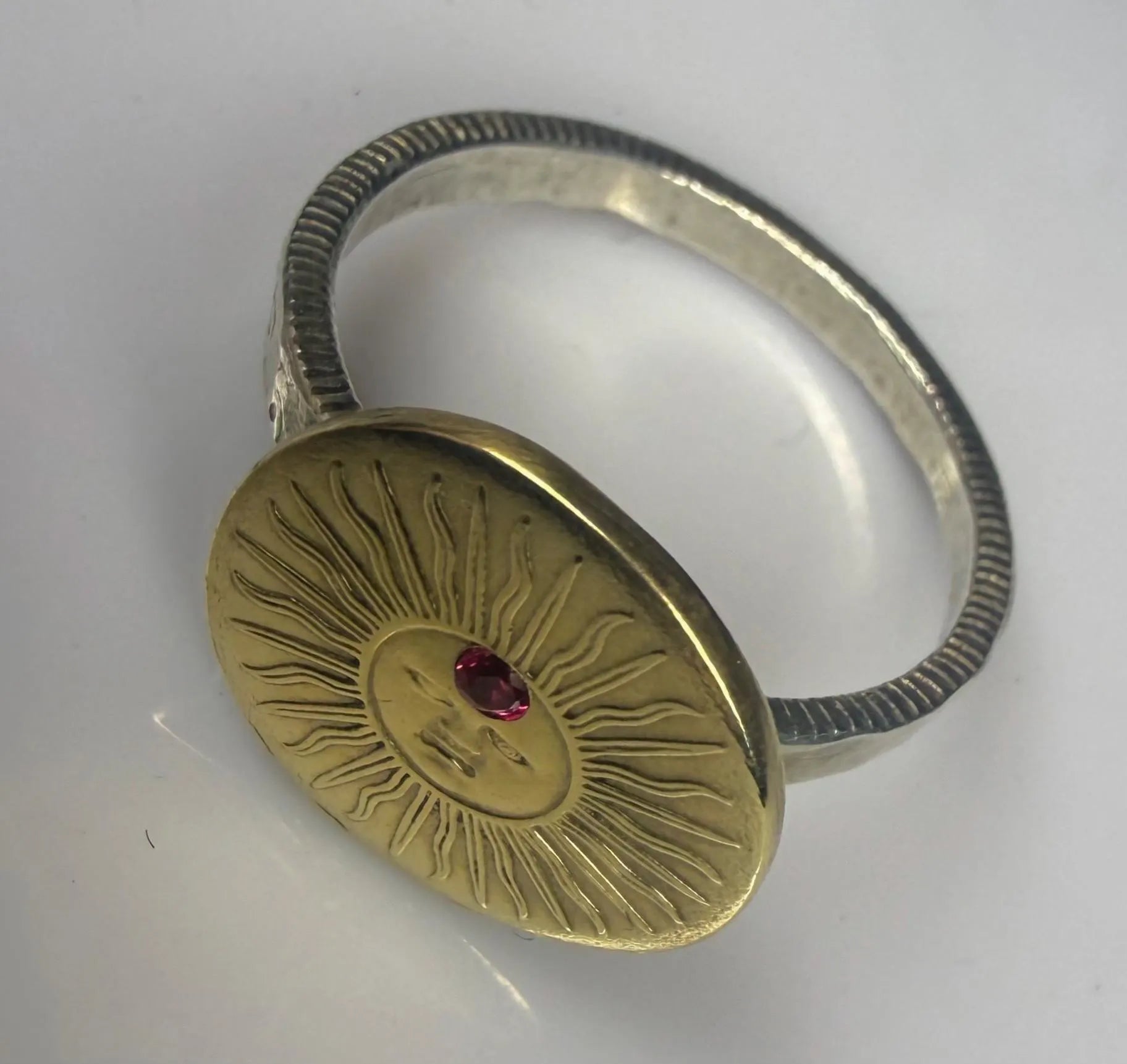 July Birthstone Ruby Gold Sun Ring, Gold Celestial Sun Face Signet Ring, Red Ruby July.