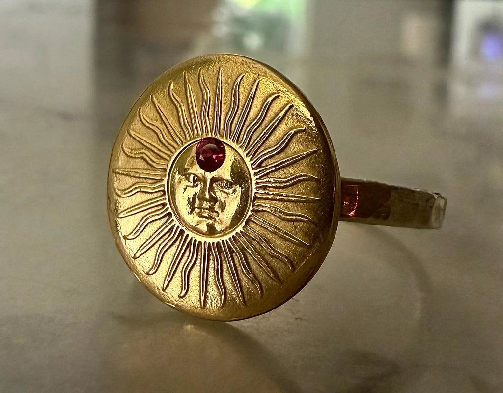 July Birthstone Ruby Gold Sun Ring, Gold Celestial Sun Face Signet Ring, Red Ruby July.