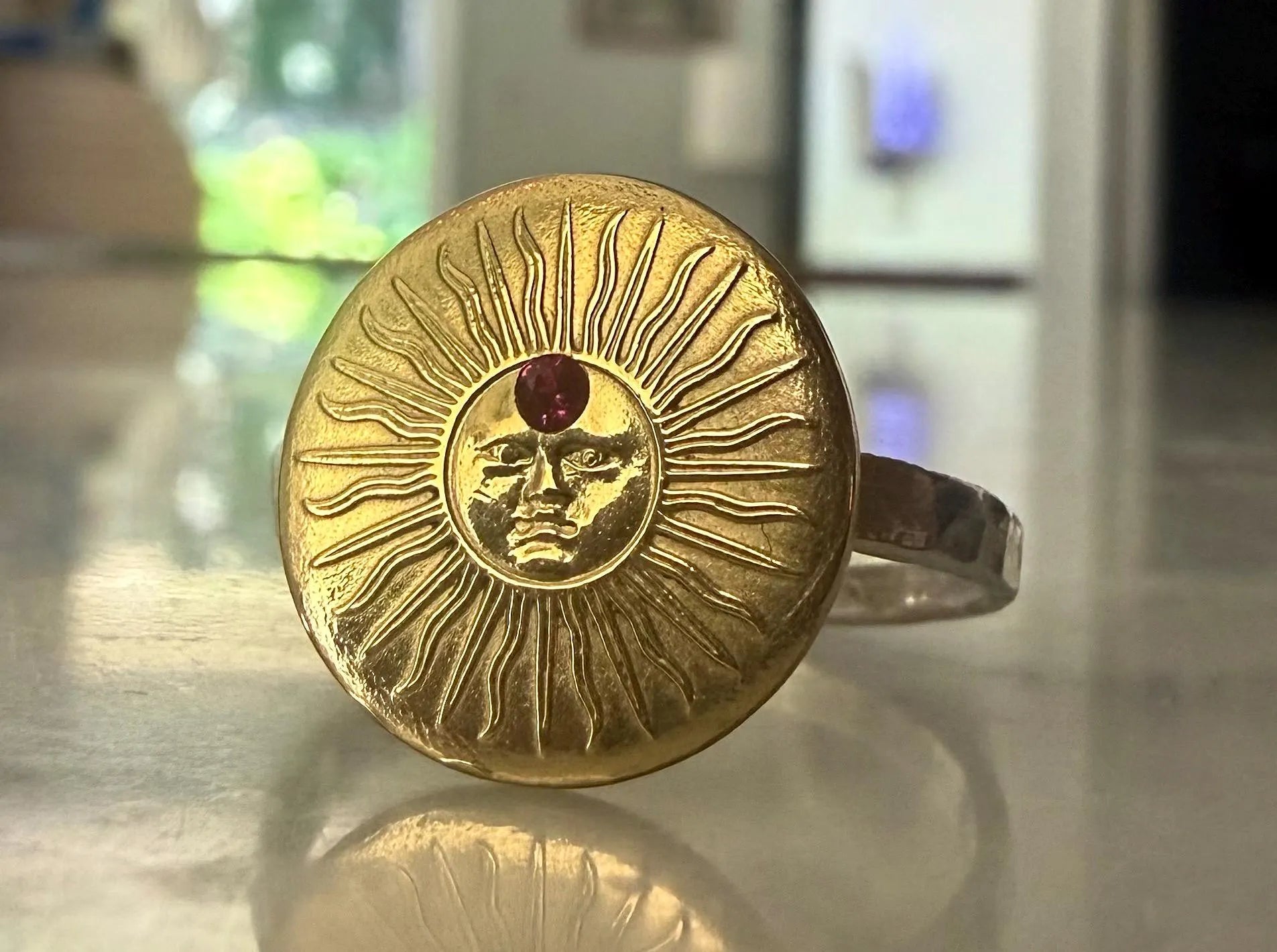 July Birthstone Ruby Gold Sun Ring, Gold Celestial Sun Face Signet Ring, Red Ruby July.