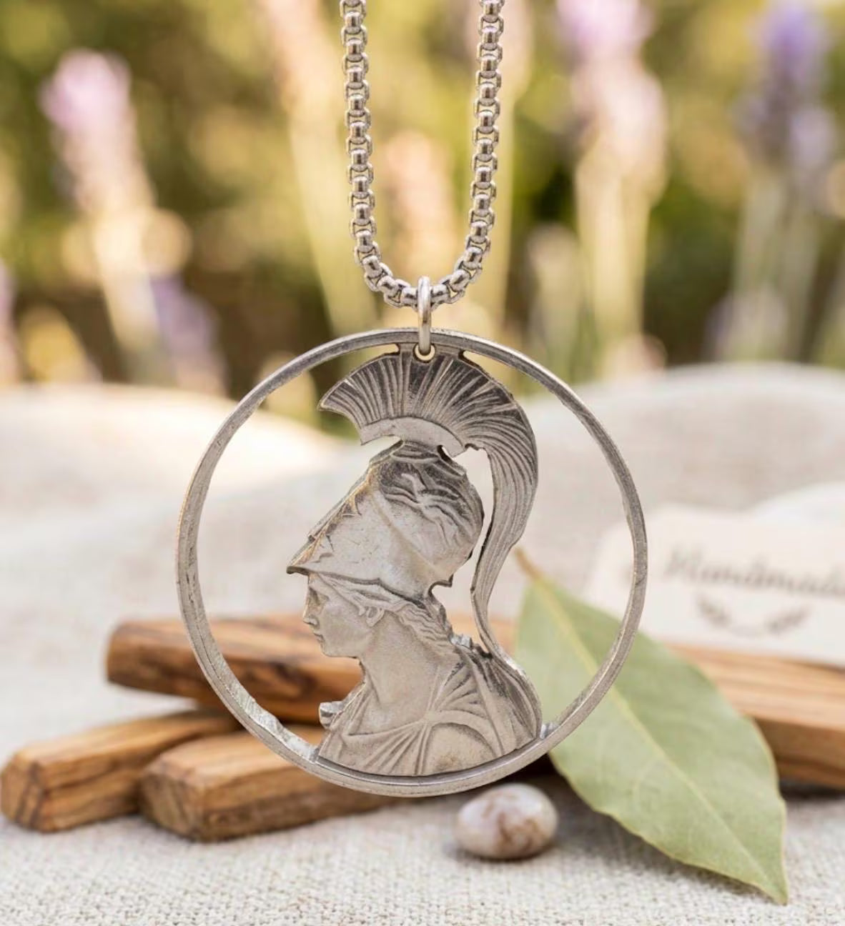 Athenas Wisdom, Hand Carved Greek 20 Drachma Coin Pendant, Mythological Statement Jewelry
