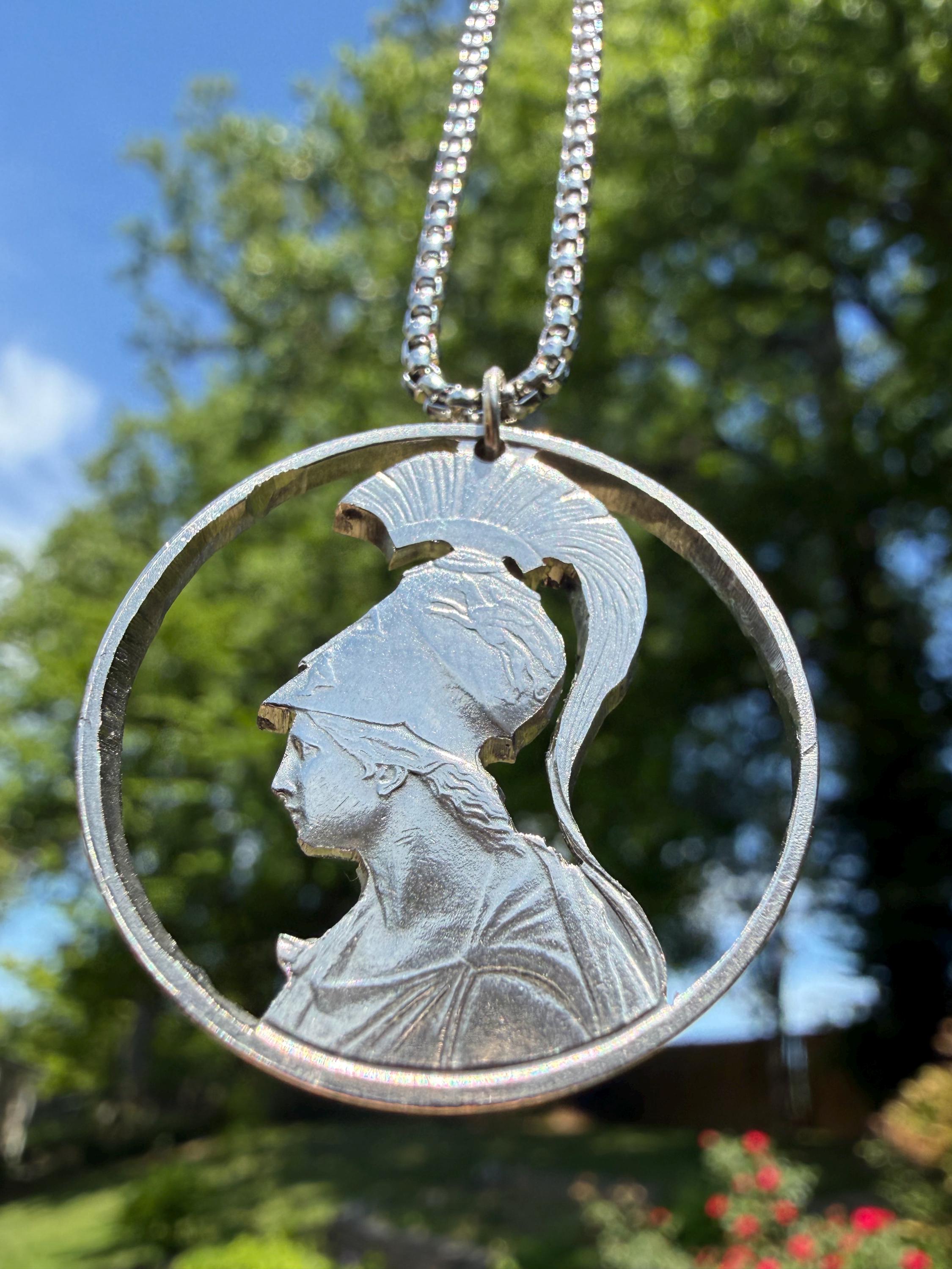 Athenas Wisdom, Hand Carved Greek 20 Drachma Coin Pendant, Mythological Statement Jewelry