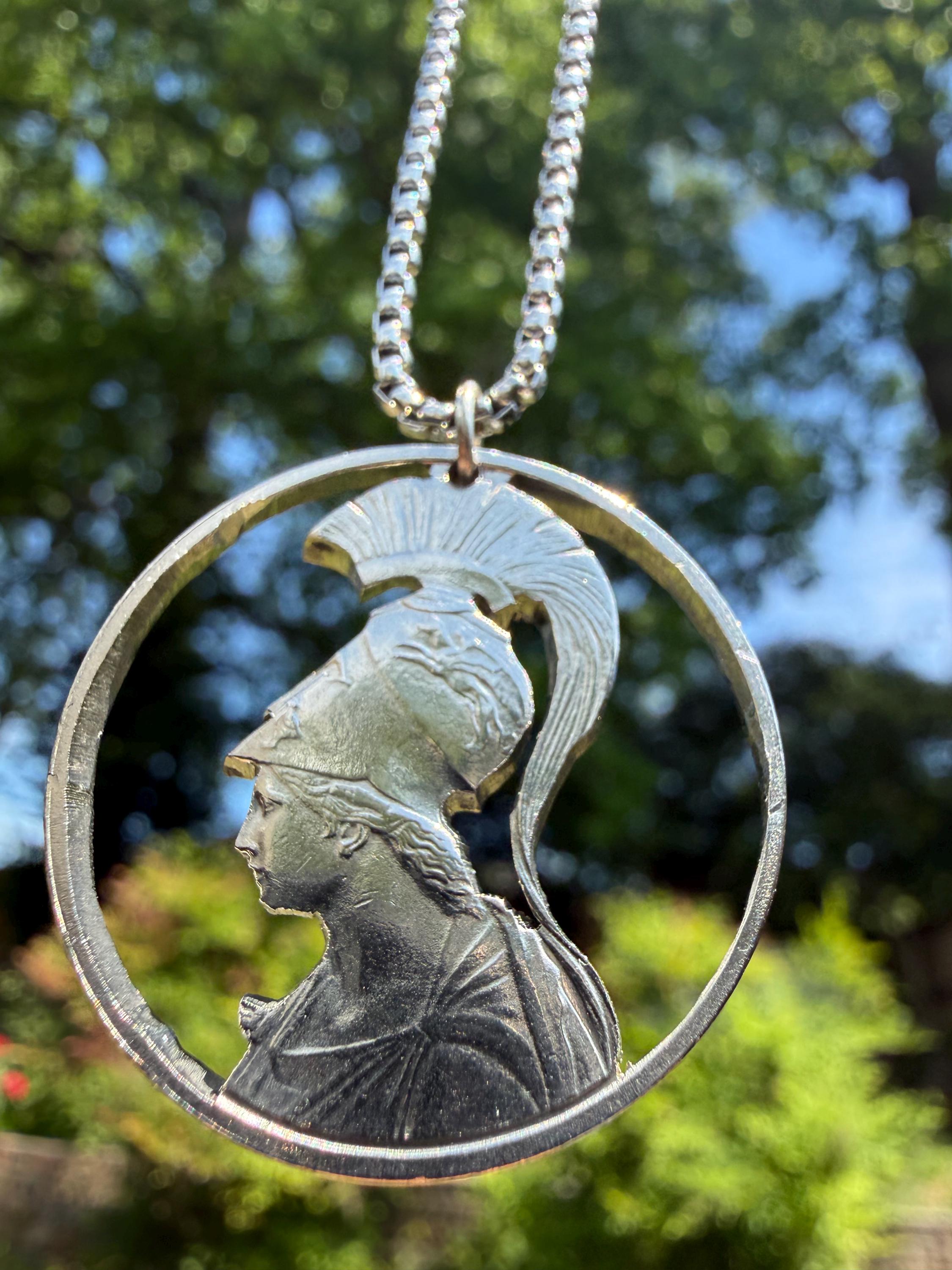 Athenas Wisdom, Hand Carved Greek 20 Drachma Coin Pendant, Mythological Statement Jewelry
