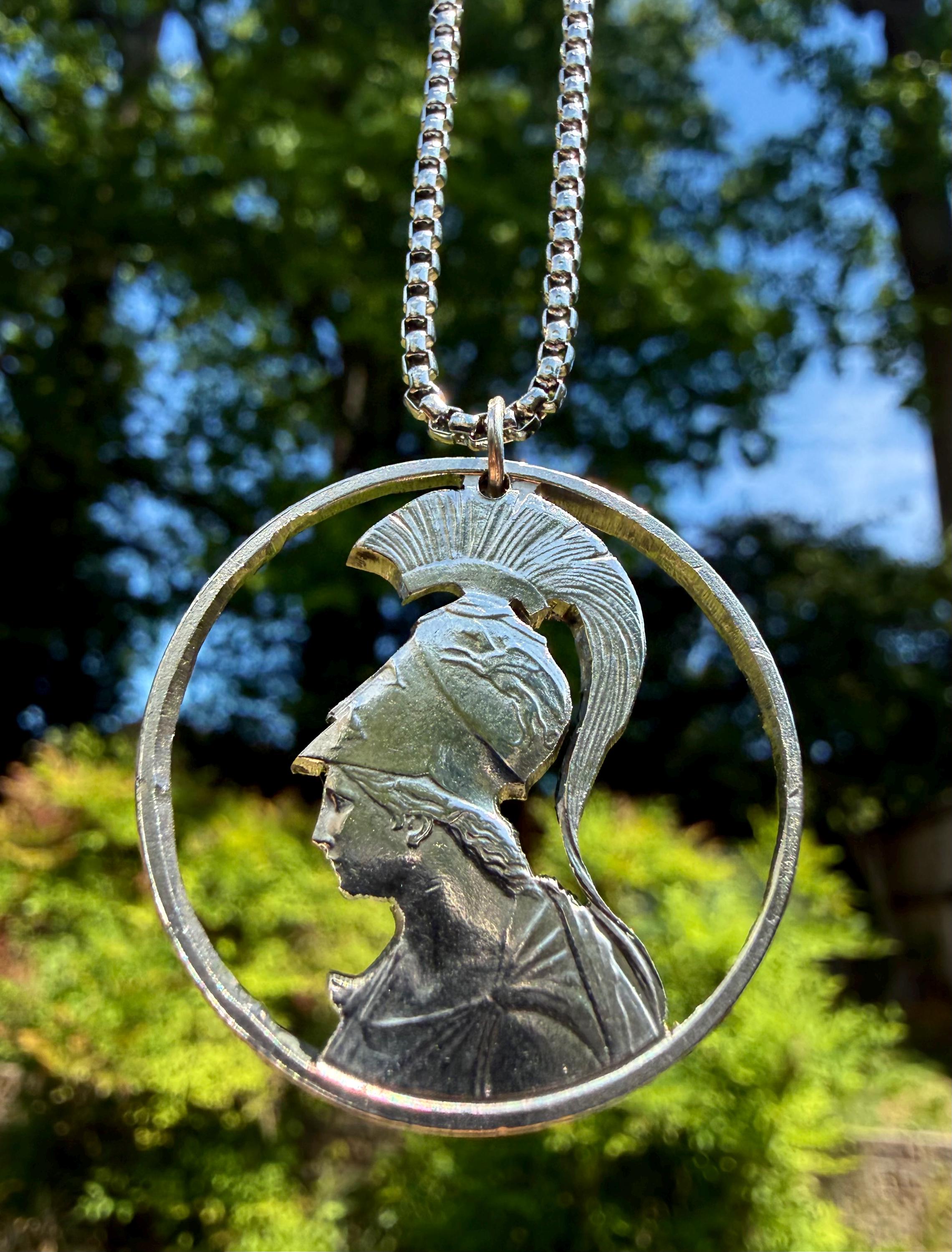 Athenas Wisdom, Hand Carved Greek 20 Drachma Coin Pendant, Mythological Statement Jewelry