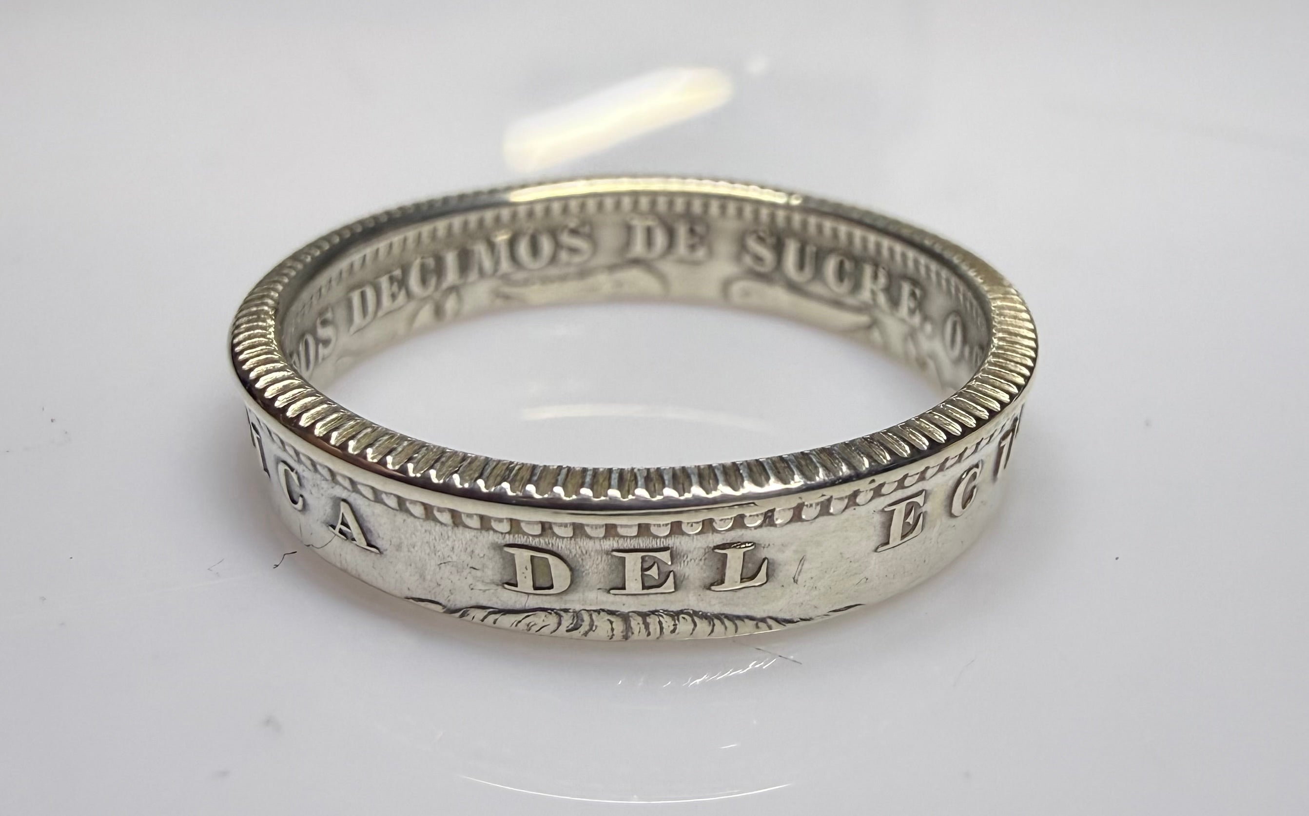Ecuador Ring, Silver Sucre Latino Mens Minimalist Band, Sterling Coin Ring