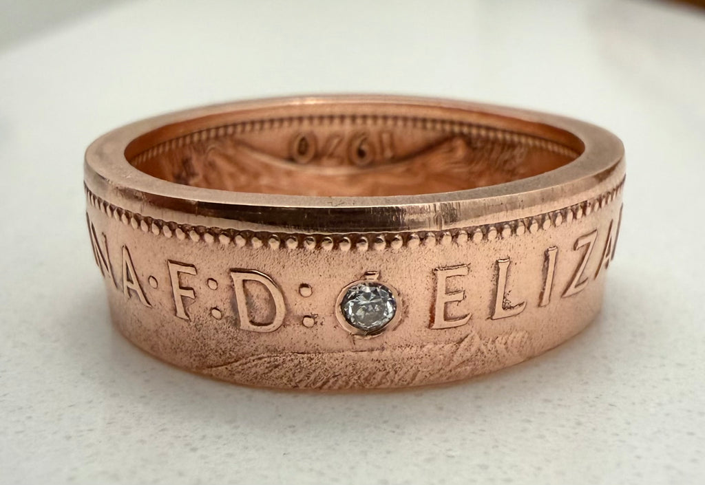 British Penny Raw Stone Ring, Copper Band CZ Ring, English Copper Gem Ring, Queen Elizabeth Ring, UK Raw Stone Copper Jewelry