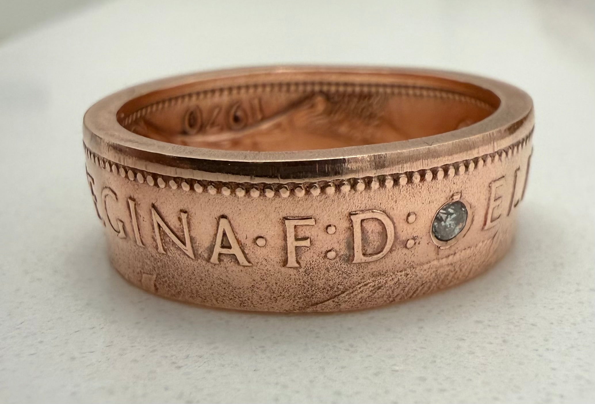 British Penny Raw Stone Ring, Copper Band CZ Ring, English Copper Gem Ring, Queen Elizabeth Ring, UK Raw Stone Copper Jewelry