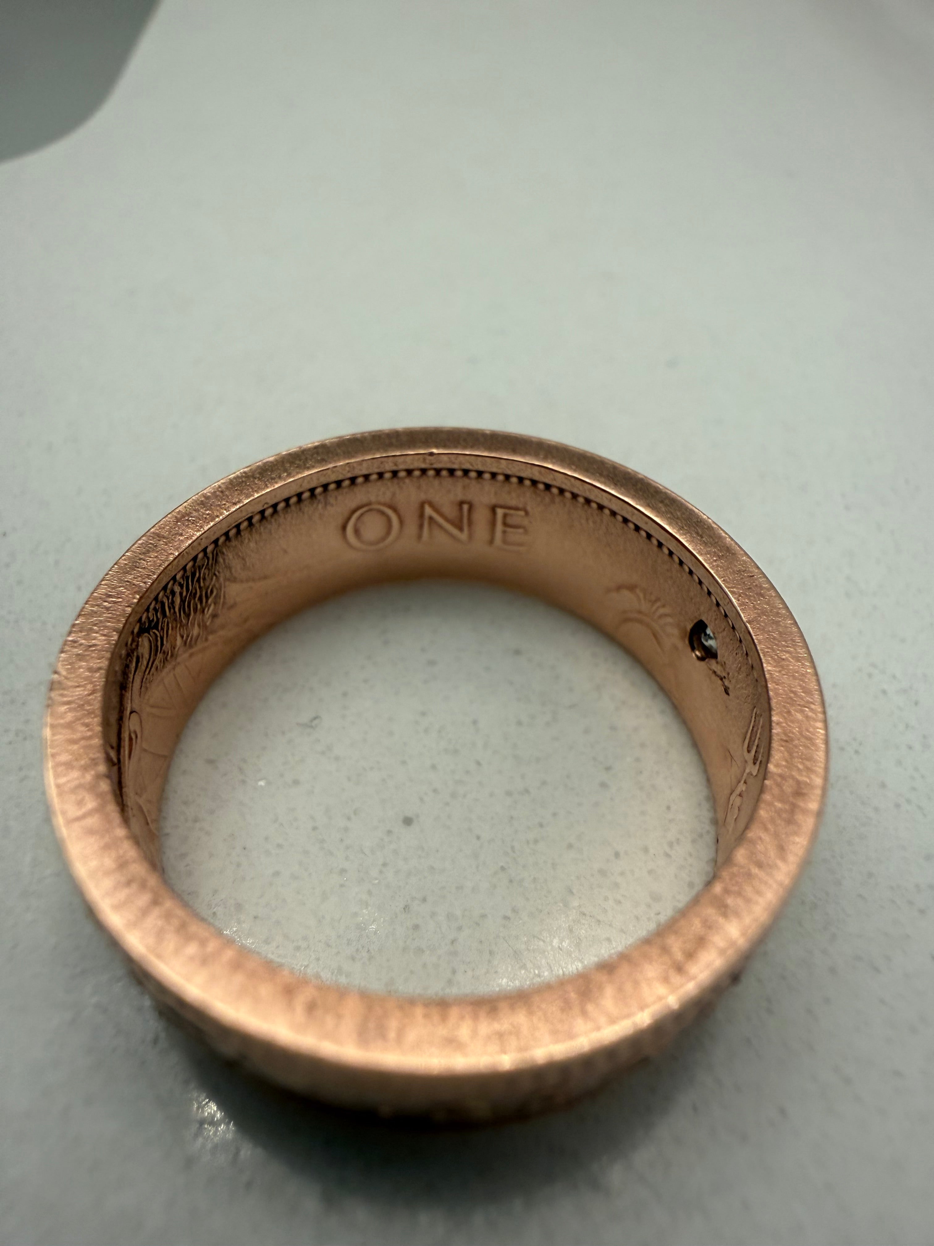 British Penny Raw Stone Ring, Copper Band CZ Ring, English Copper Gem Ring, Queen Elizabeth Ring, UK Raw Stone Copper Jewelry