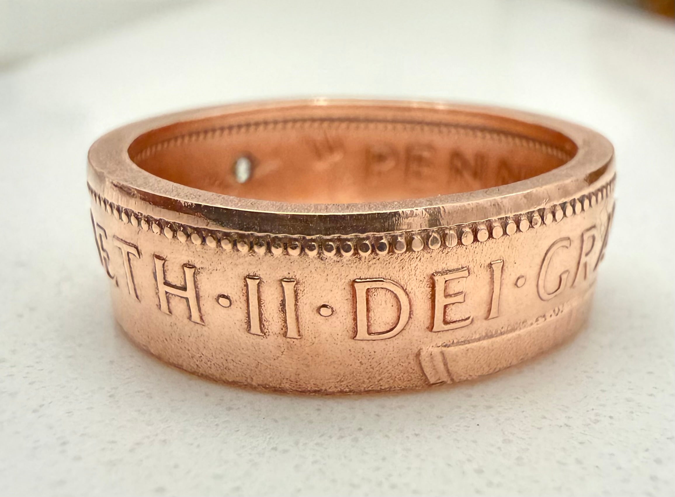 British Penny Raw Stone Ring, Copper Band CZ Ring, English Copper Gem Ring, Queen Elizabeth Ring, UK Raw Stone Copper Jewelry