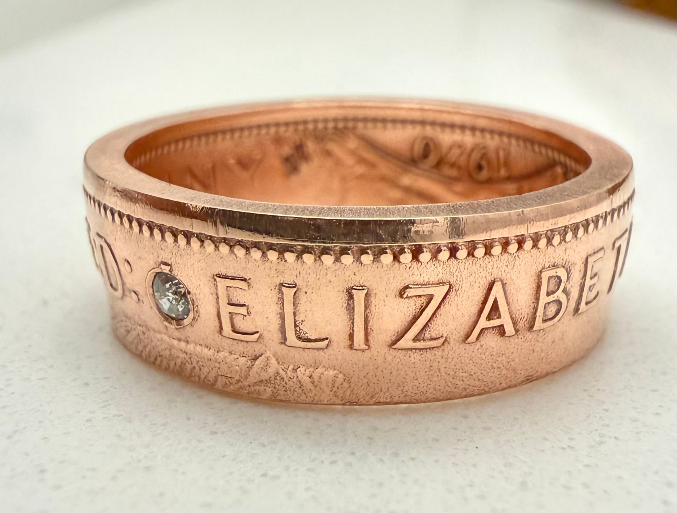 British Penny Raw Stone Ring, Copper Band CZ Ring, English Copper Gem Ring, Queen Elizabeth Ring, UK Raw Stone Copper Jewelry