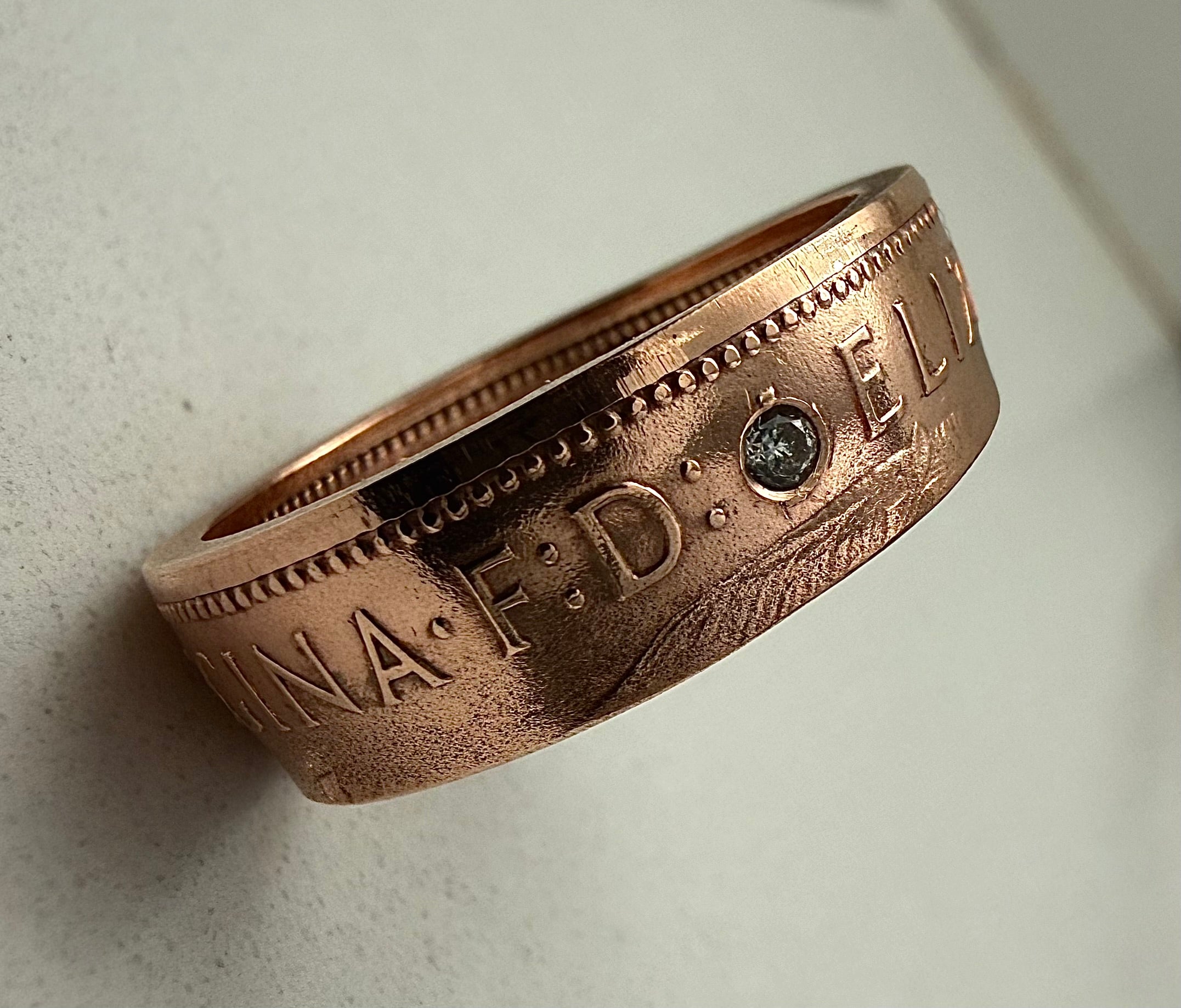 British Penny Raw Stone Ring, Copper Band CZ Ring, English Copper Gem Ring, Queen Elizabeth Ring, UK Raw Stone Copper Jewelry