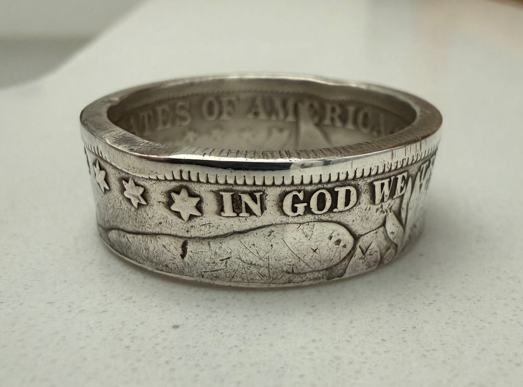 Antique USA Silver Ring, Barber Half Dollar Ring Vintage, 90% Silver Piece