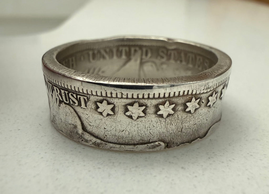 Antique USA Silver Ring, Barber Half Dollar Ring Vintage, 90% Silver Piece
