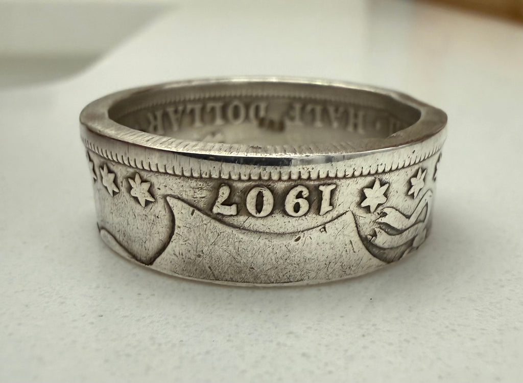 Antique USA Silver Ring, Barber Half Dollar Ring Vintage, 90% Silver Piece