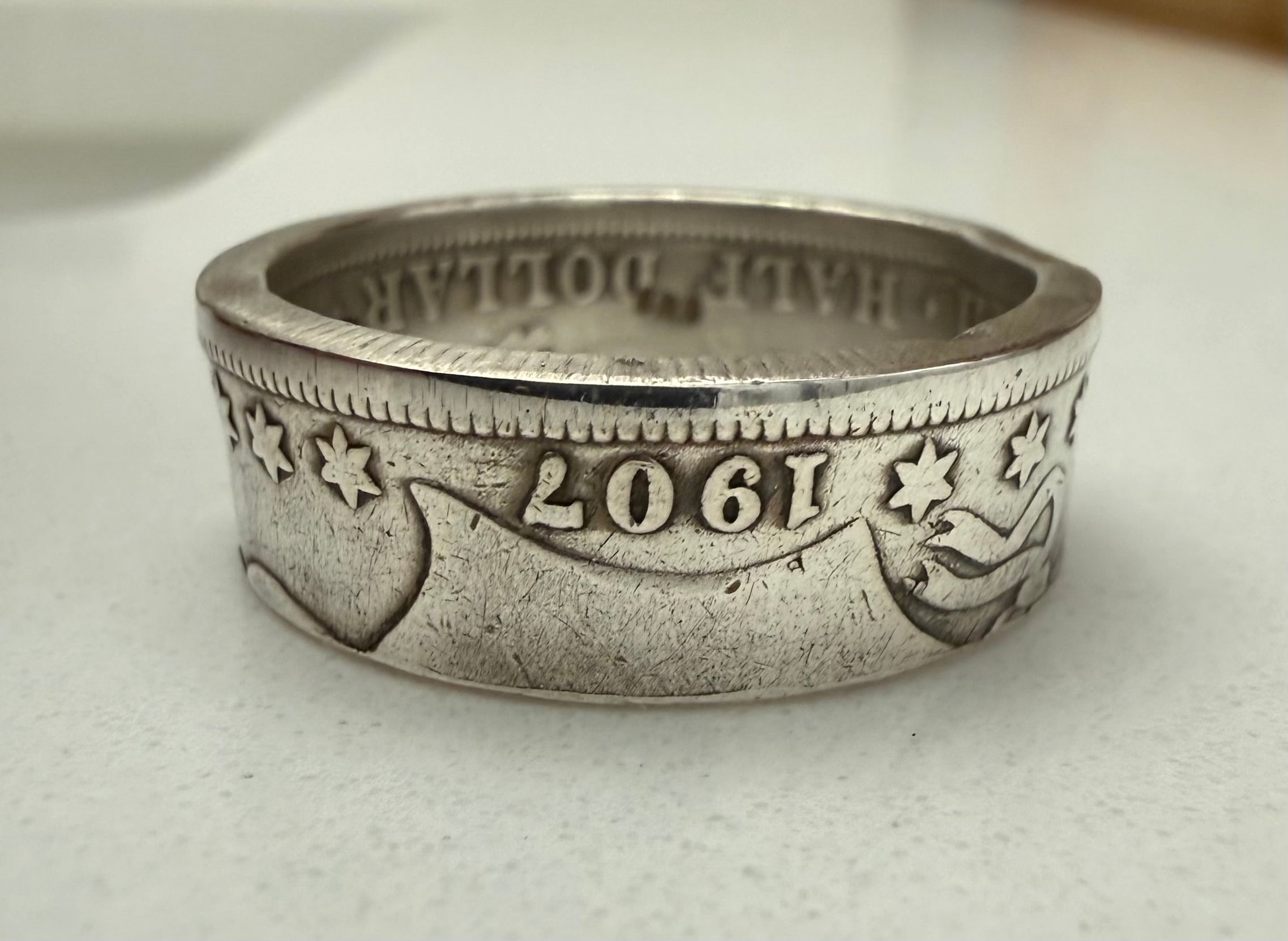Antique USA Silver Ring, Barber Half Dollar Ring Vintage, 90% Silver Piece