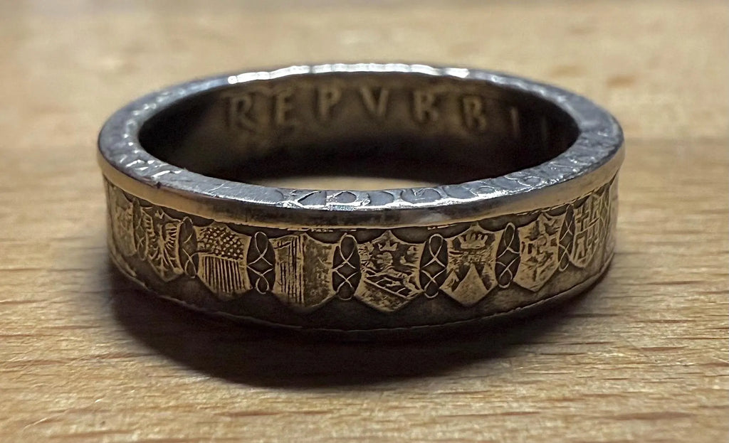 Italian Silver Coin Ring, Antique Finish Handmade Unisex Statement Piece (Sizes 5-13)