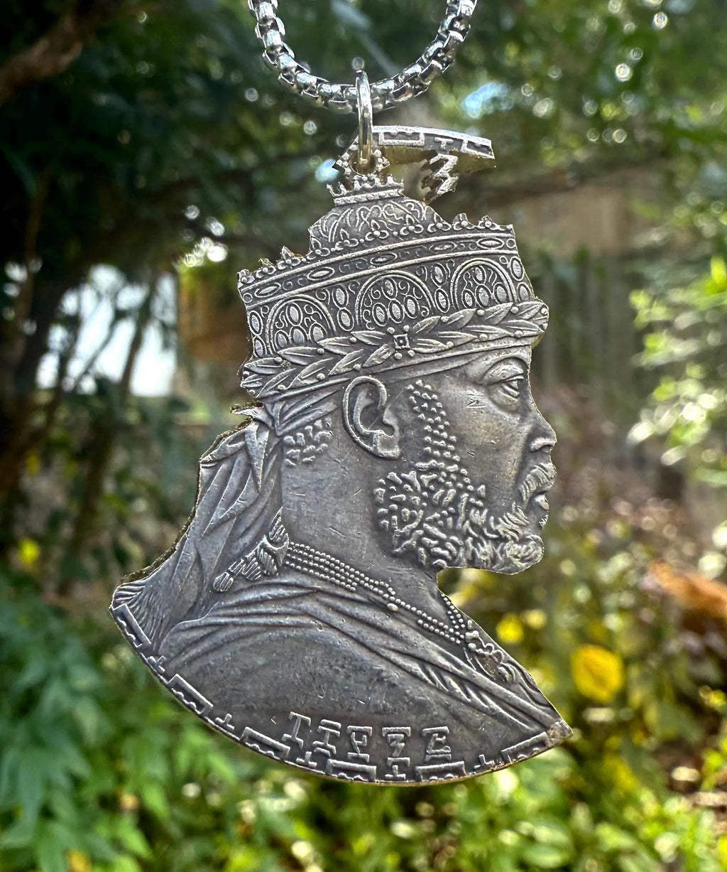 Hand Carved Ethiopian Coin Necklace | Ethiopia Pendant | King Menelik II | Adis Ababa Gift from Ethiopia | Ethiopian Hand Made