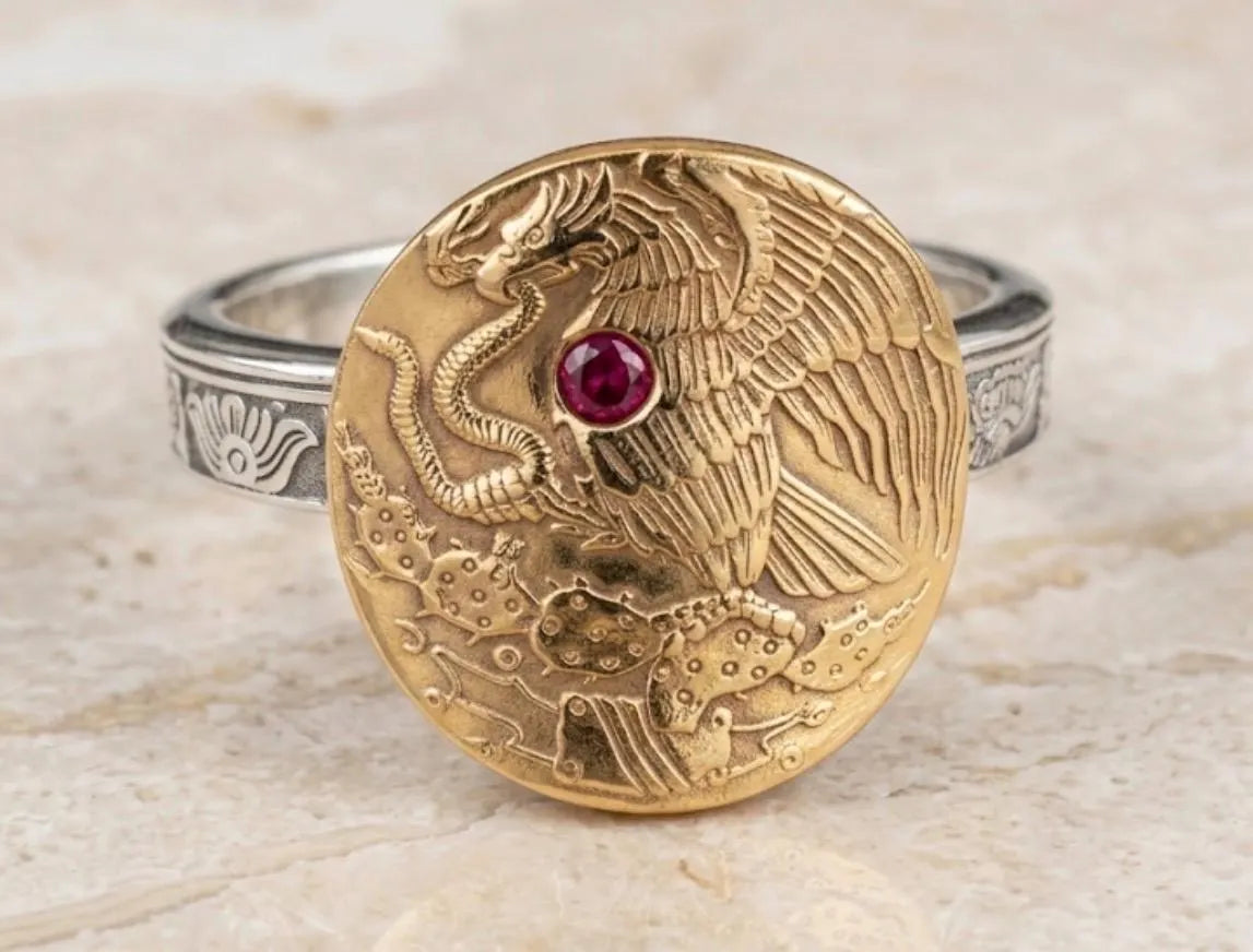 Heart of Mexico Eagle Ring, Mexican Eagle Coat of Arms Ruby Ring