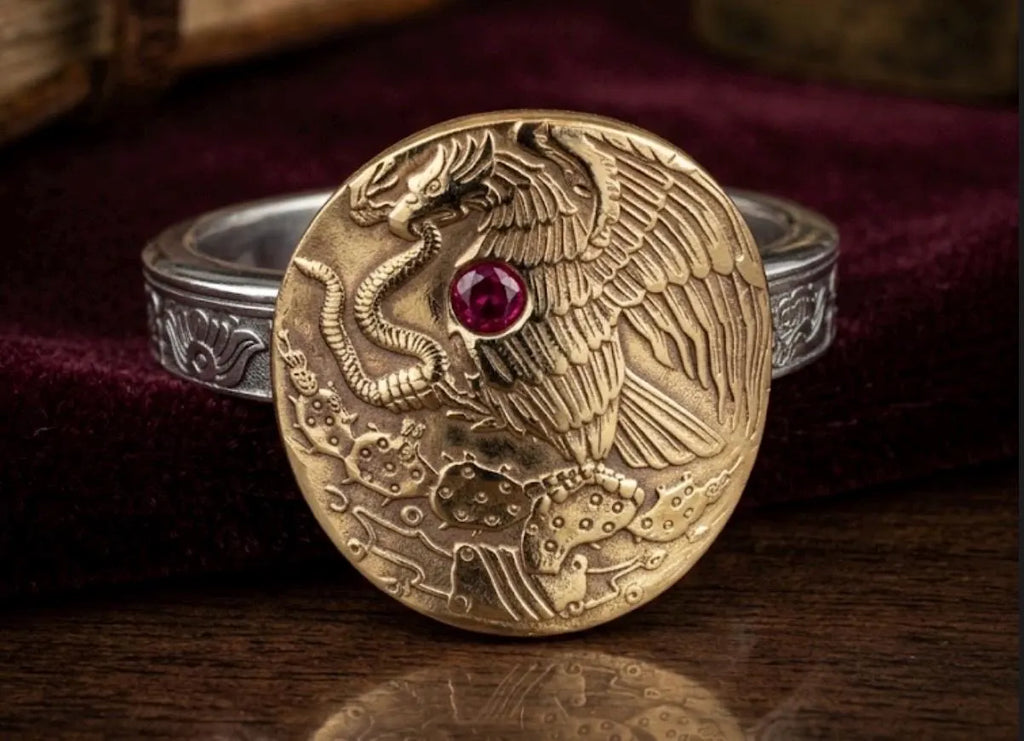 Heart of Mexico Eagle Ring, Mexican Eagle Coat of Arms Ruby Ring