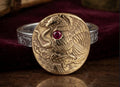 Heart of Mexico Eagle Ring, Mexican Eagle Coat of Arms Ruby Ring