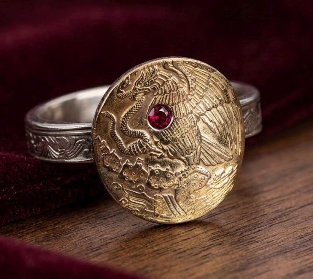 Heart of Mexico Eagle Ring, Mexican Eagle Coat of Arms Ruby Ring