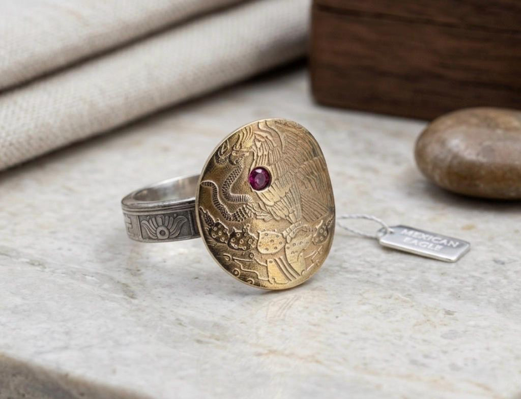 Heart of Mexico Eagle Ring, Mexican Eagle Coat of Arms Ruby Ring