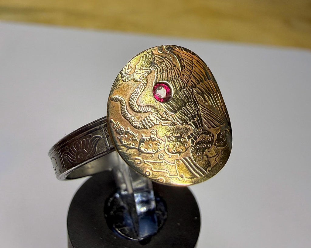 Heart of Mexico Eagle Ring, Mexican Eagle Coat of Arms Ruby Ring