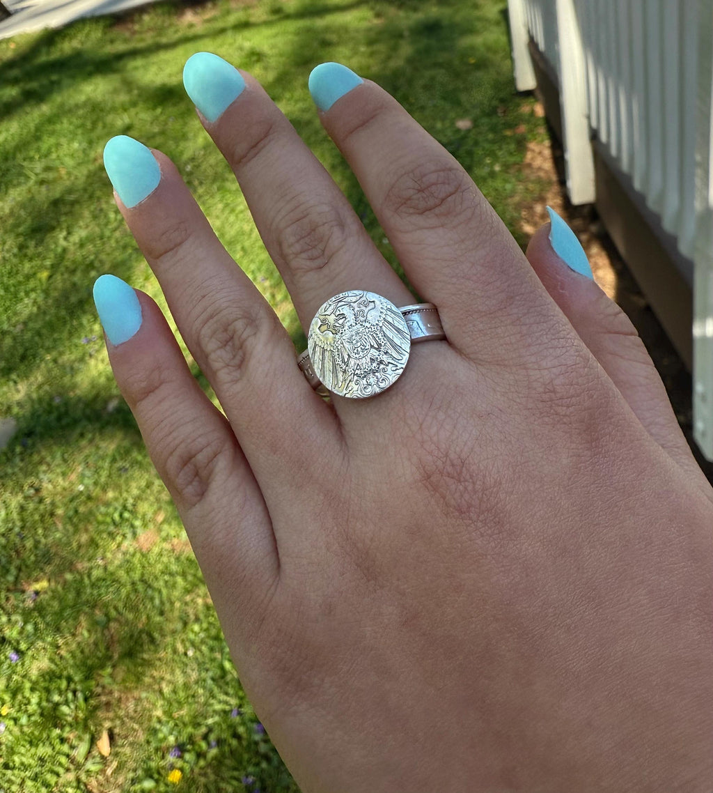 Sterling German Empire Silver Eagle Coin Ring: Prussian Signet
