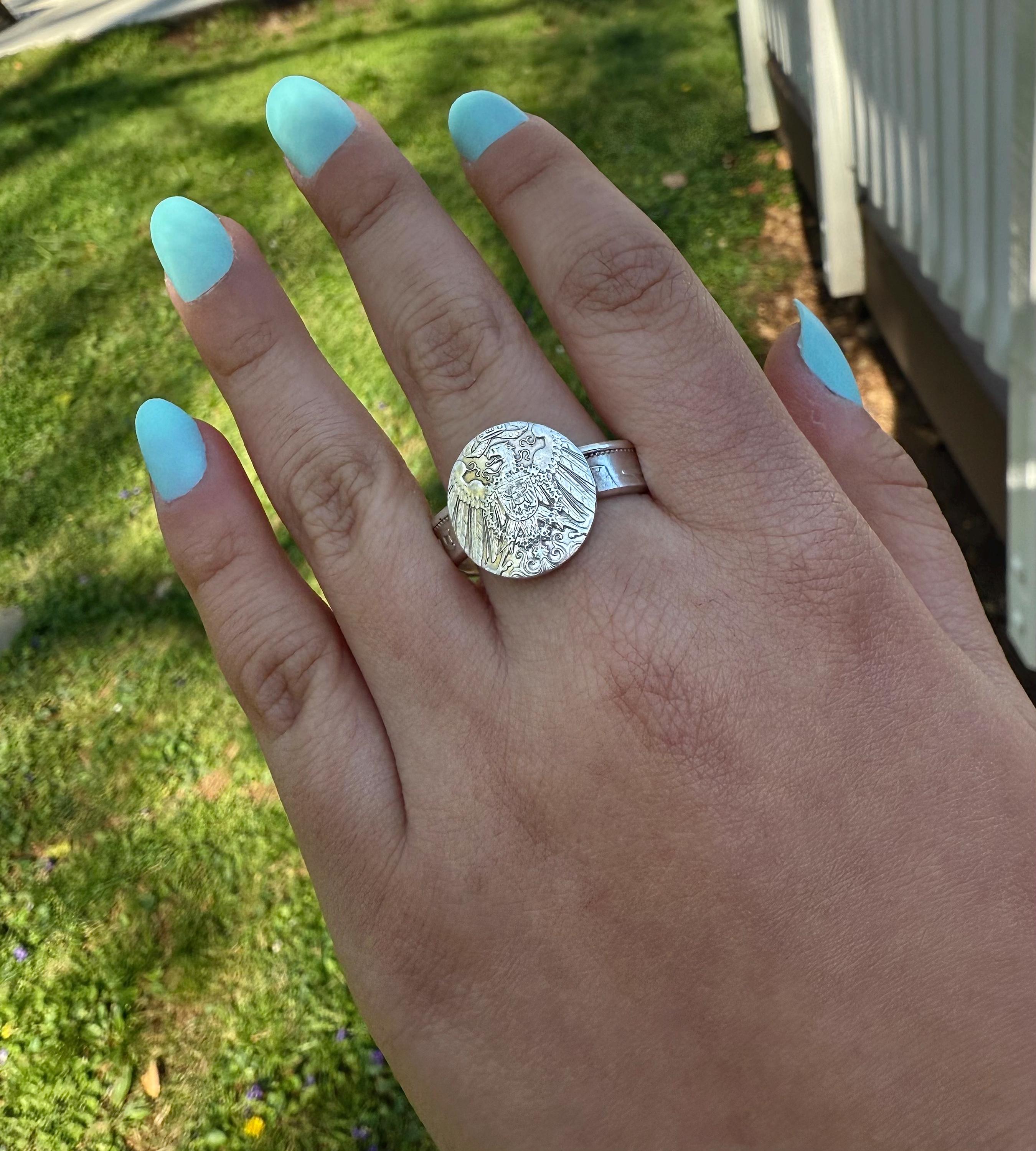 Sterling German Empire Silver Eagle Coin Ring: Prussian Signet