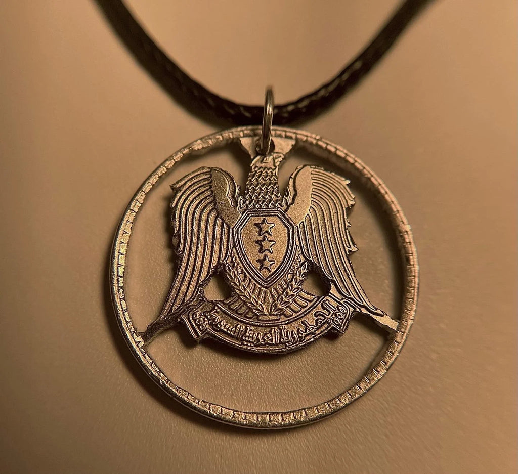 Handcut Syrian Silver Tone Coin Eagle Necklace •قلادة العملة السورية•Syrian Arab Republic Pendant •Mens/Womens Syrian Necklace (Unisex)