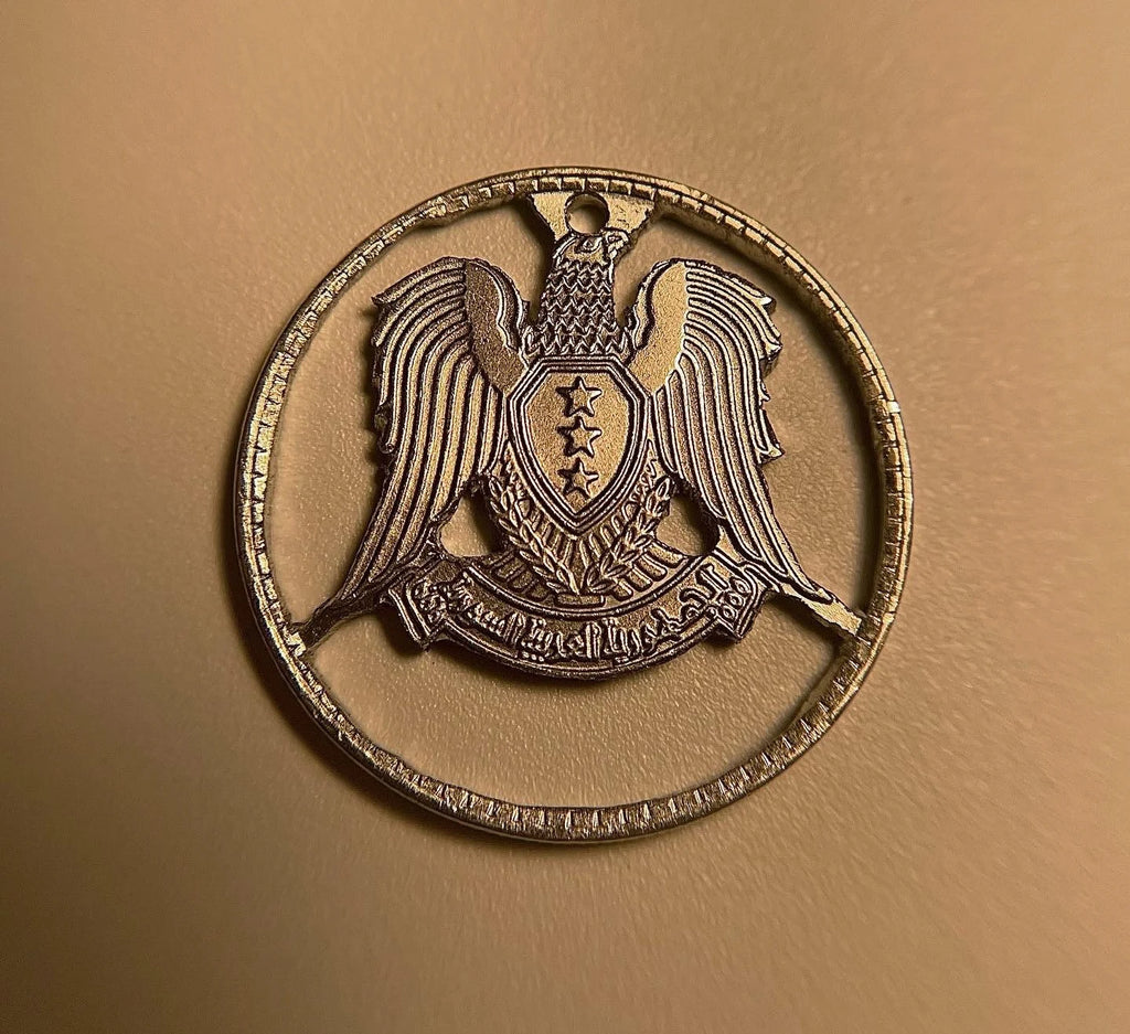 Handcut Syrian Silver Tone Coin Eagle Necklace •قلادة العملة السورية•Syrian Arab Republic Pendant •Mens/Womens Syrian Necklace (Unisex)