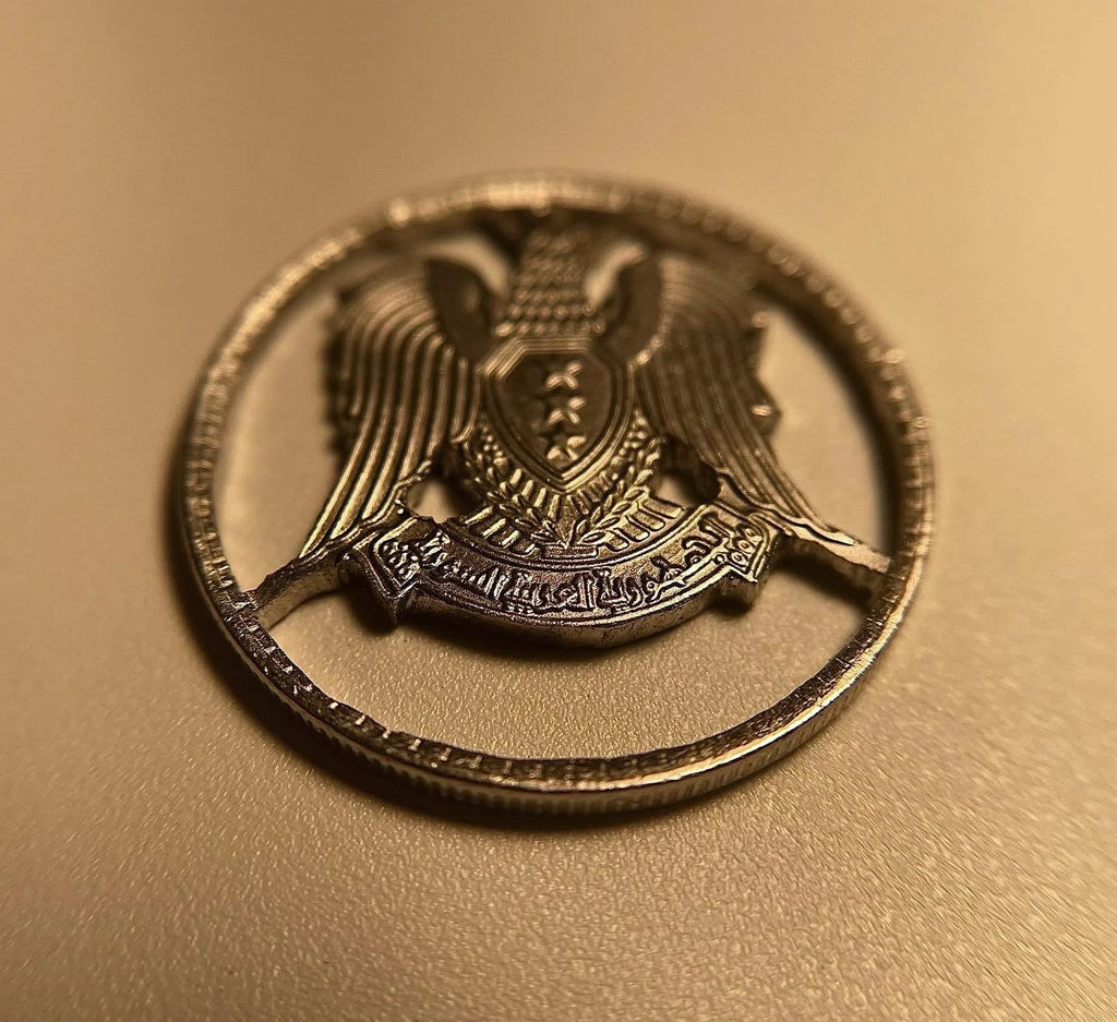 Handcut Syrian Silver Tone Coin Eagle Necklace •قلادة العملة السورية•Syrian Arab Republic Pendant •Mens/Womens Syrian Necklace (Unisex)
