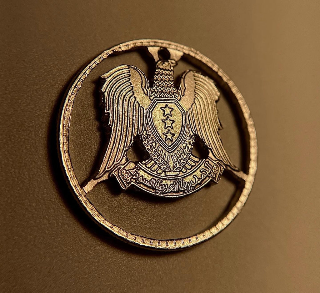 Handcut Syrian Silver Tone Coin Eagle Necklace •قلادة العملة السورية•Syrian Arab Republic Pendant •Mens/Womens Syrian Necklace (Unisex)