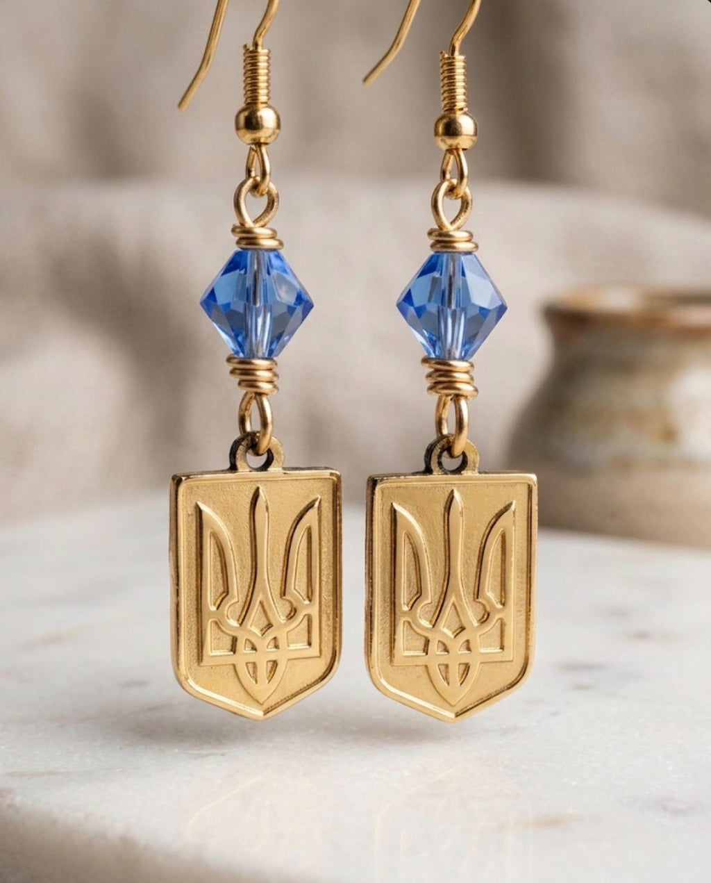 Ukrainian Trident Earrings, Ukraine Gold Tryzub Dangle Jewelry, Blue and Gold Shield Earrings, Ukraine Coat of Arms Jewelry, Support Ukraine Gift