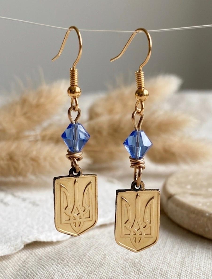 Ukrainian Trident Earrings, Ukraine Gold Tryzub Dangle Jewelry, Blue and Gold Shield Earrings, Ukraine Coat of Arms Jewelry, Support Ukraine Gift
