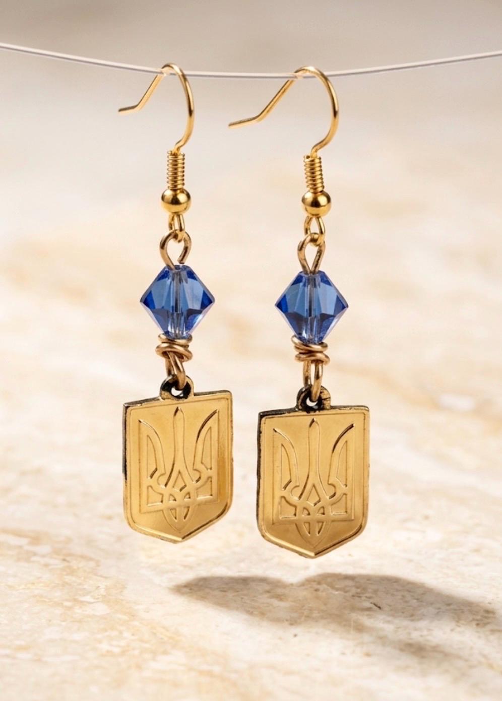 Ukrainian Trident Earrings, Ukraine Gold Tryzub Dangle Jewelry, Blue and Gold Shield Earrings, Ukraine Coat of Arms Jewelry, Support Ukraine Gift