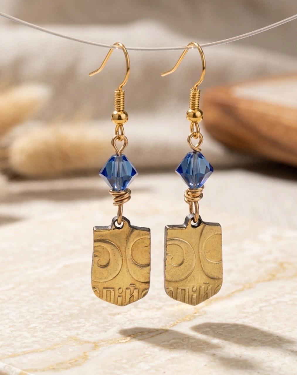 Ukrainian Trident Earrings, Ukraine Gold Tryzub Dangle Jewelry, Blue and Gold Shield Earrings, Ukraine Coat of Arms Jewelry, Support Ukraine Gift