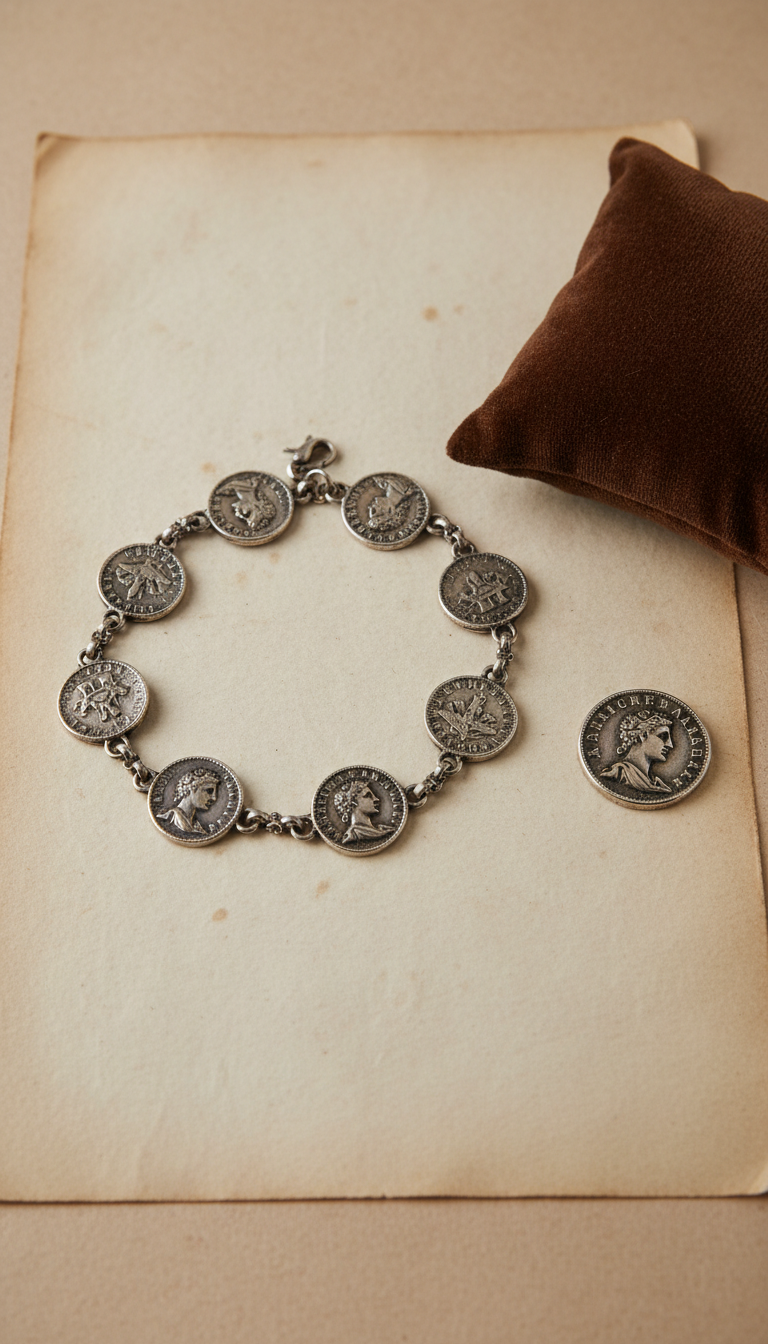 Sterling silver antique coin charm bracelet
