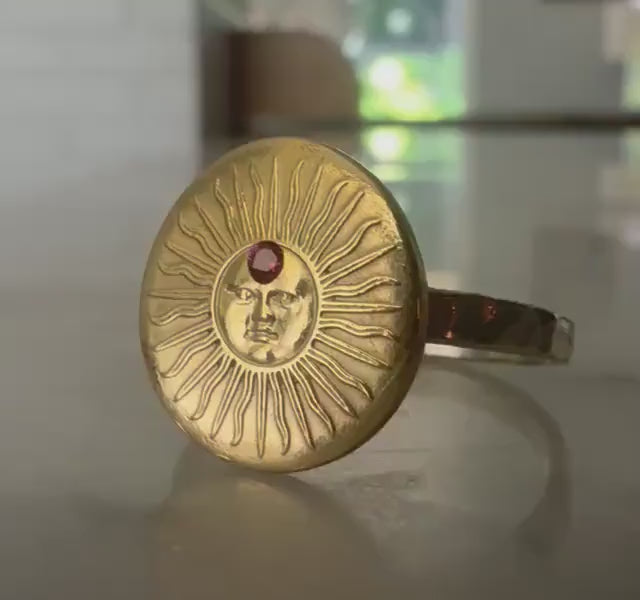 July Birthstone Ruby Gold Sun Ring, Gold Celestial Sun Face Signet Ring, Red Ruby July.